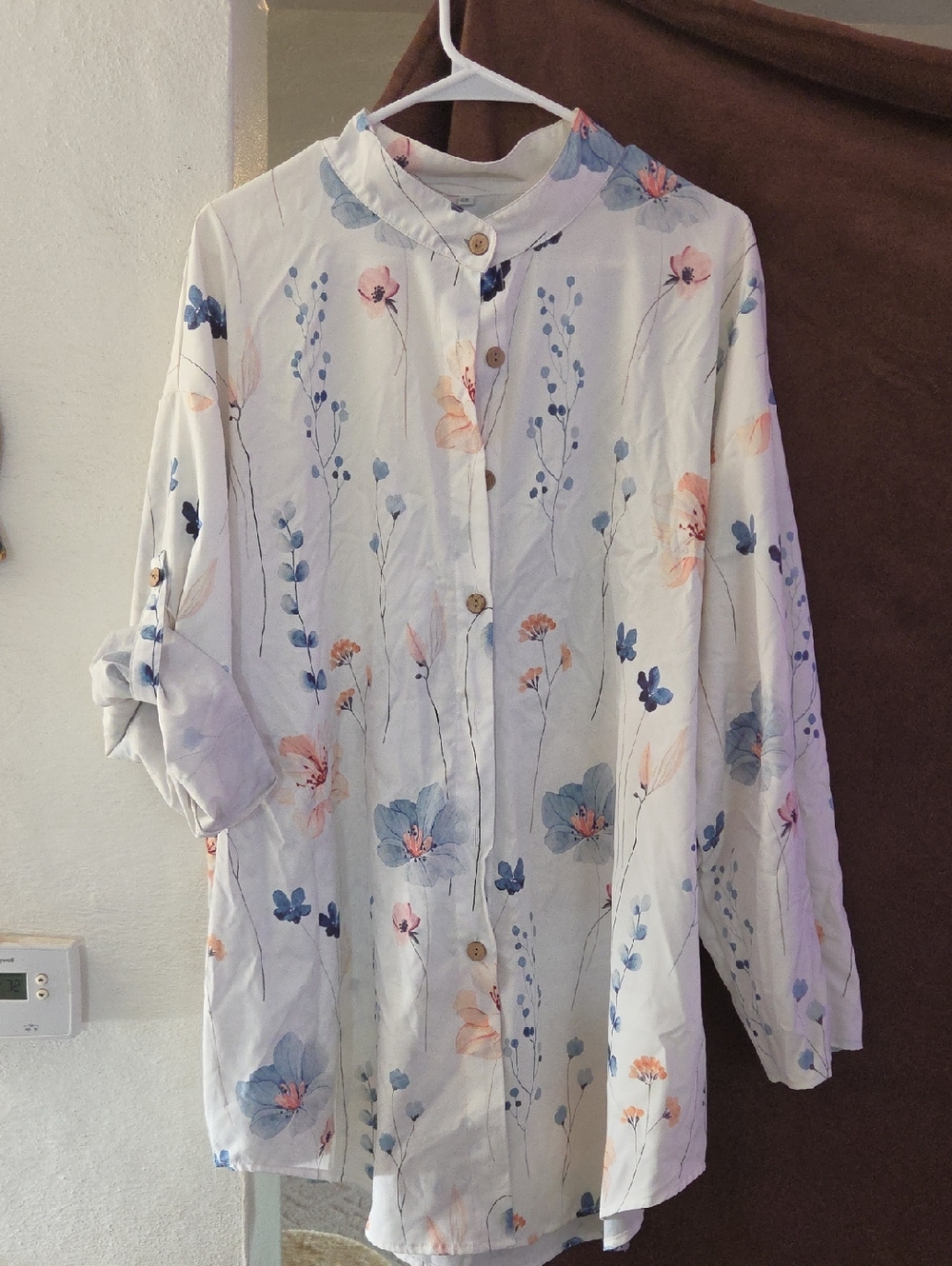 White Floral Button-Up Blouse with Blue and Peach Flowers